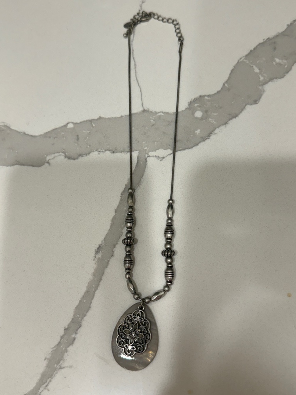Lia Sophia Silver Tone Pendant Necklace – Mother of Pearl Style Drop Pendant